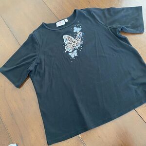 Quacker Factory Butterfly Cheetah Shirt Large Black Embellished Embroidered